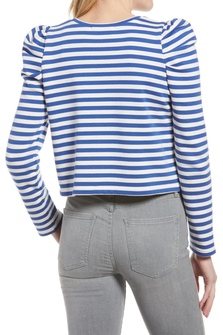 Talia Stripe Crop Puff Sleeve Cotton Sweatshirt, Alternate, color, FRENCH BLUE/ ECRU STRIPE