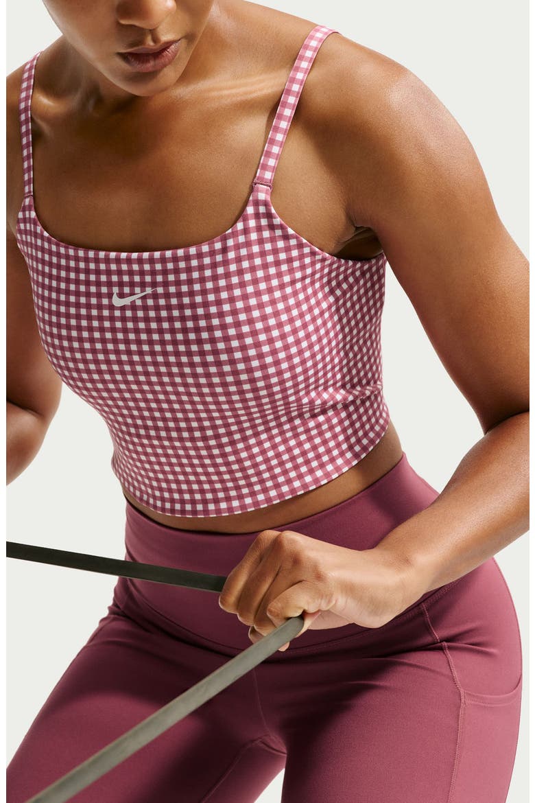 One Dri-FIT Padded Longline Gingham Sports Bra, Alternate, color, PINK SMOKE/ WHITE