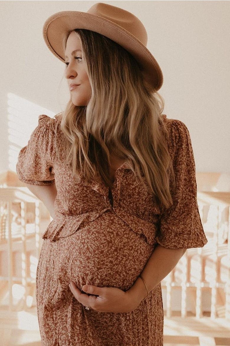 Floral Ruffle V-Neck Midi Dress, Alternate, color, Rust