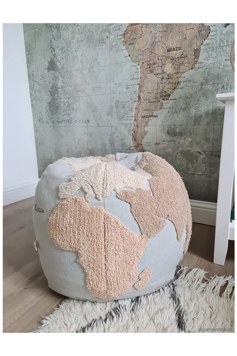 World Map Pouf, Alternate, color, LIGHT BLUE NATURAL LINEN