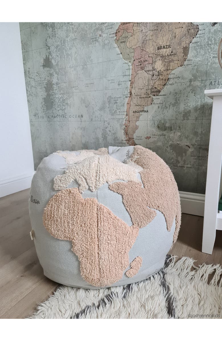 Lorena Canals World Map Pouf, Alternate, color, Light Blue Natural Linen
