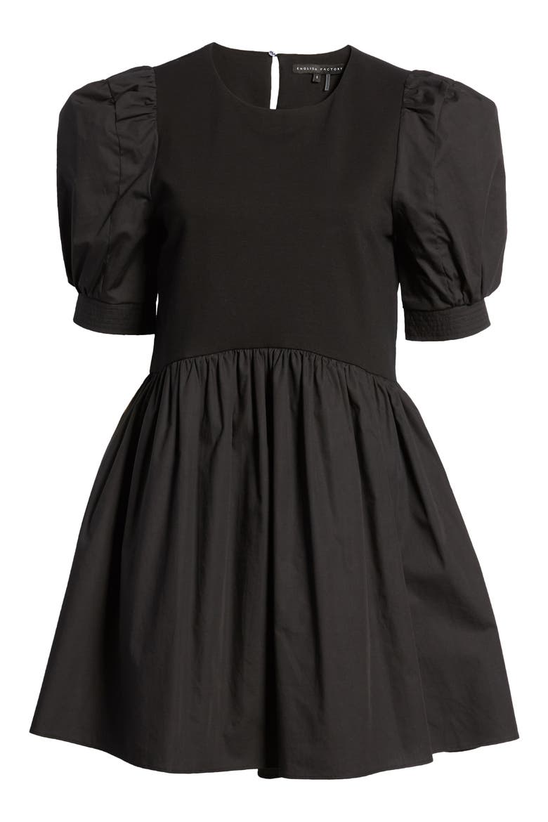 Mixed Media Puff Sleeve Dress, Alternate, color, BLACK