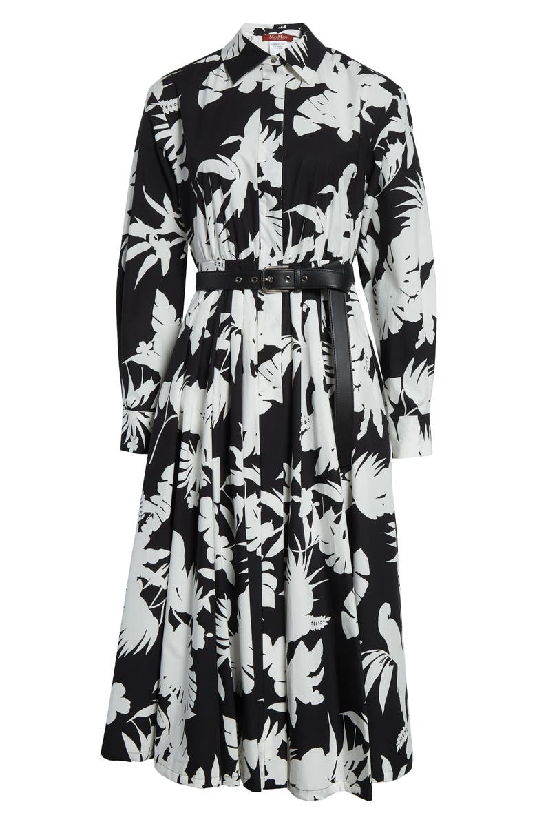 Max Mara Floral Silhouette Print Long Sleeve Cotton Poplin Midi Shirtdress, Alternate, color, Black