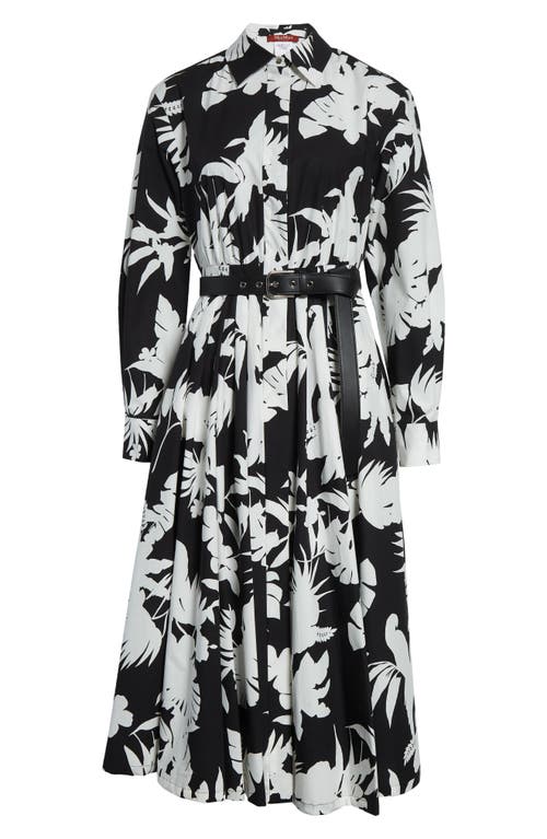 Max Mara Floral Silhouette Print Long Sleeve Cotton Poplin Midi Shirtdress In Black