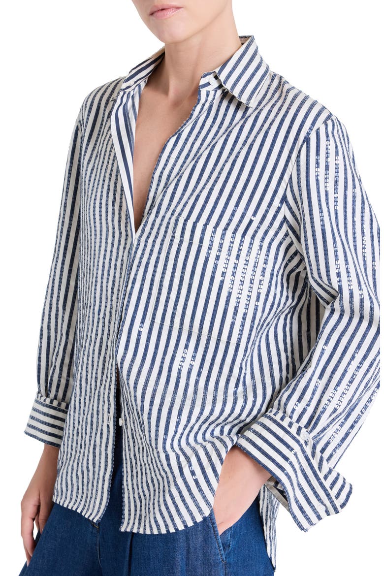 Next Morning Sequin Stripe Button-Up Shirt, Alternate, color, INDIGO / WHITE
