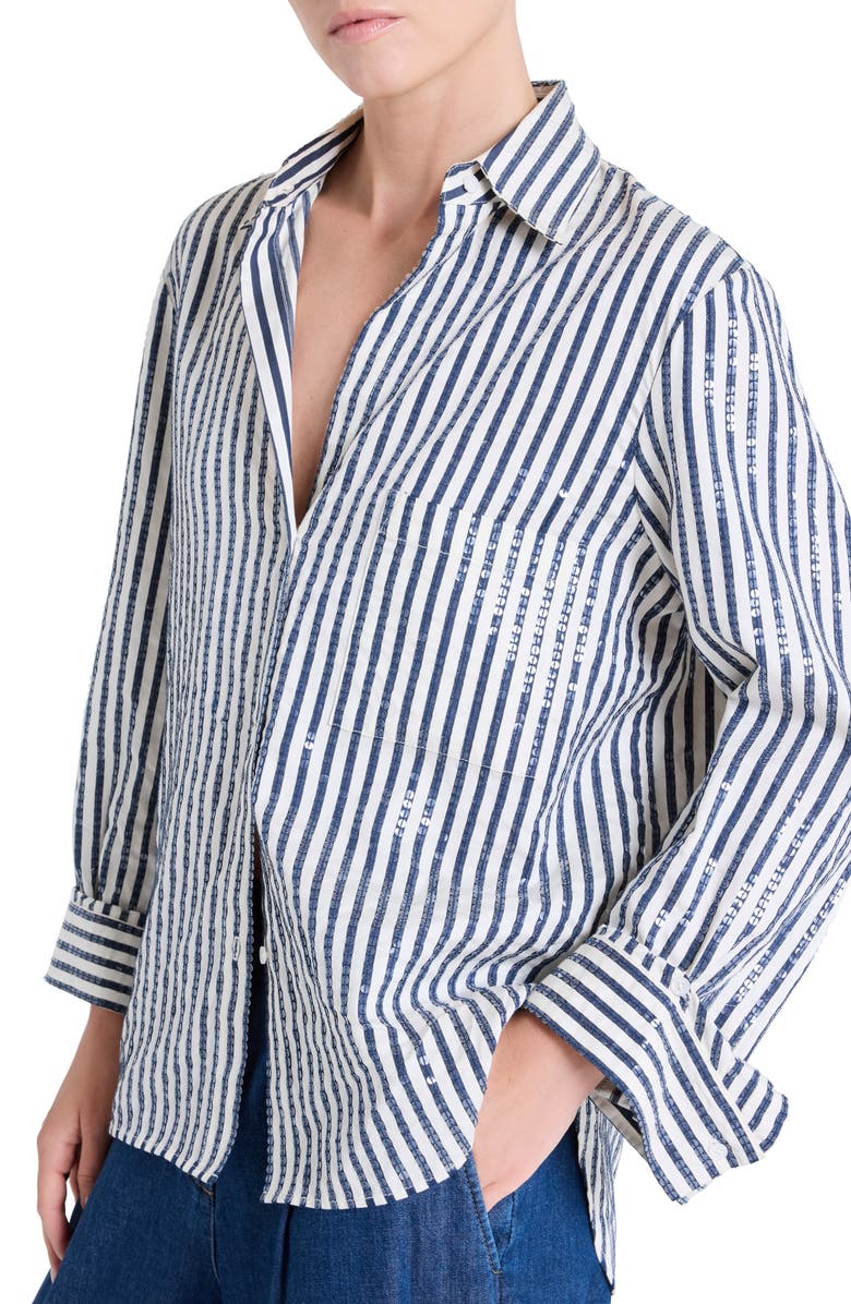 TWP Next Morning Sequin Stripe Button-Up Shirt, Alternate, color, Indigo / White