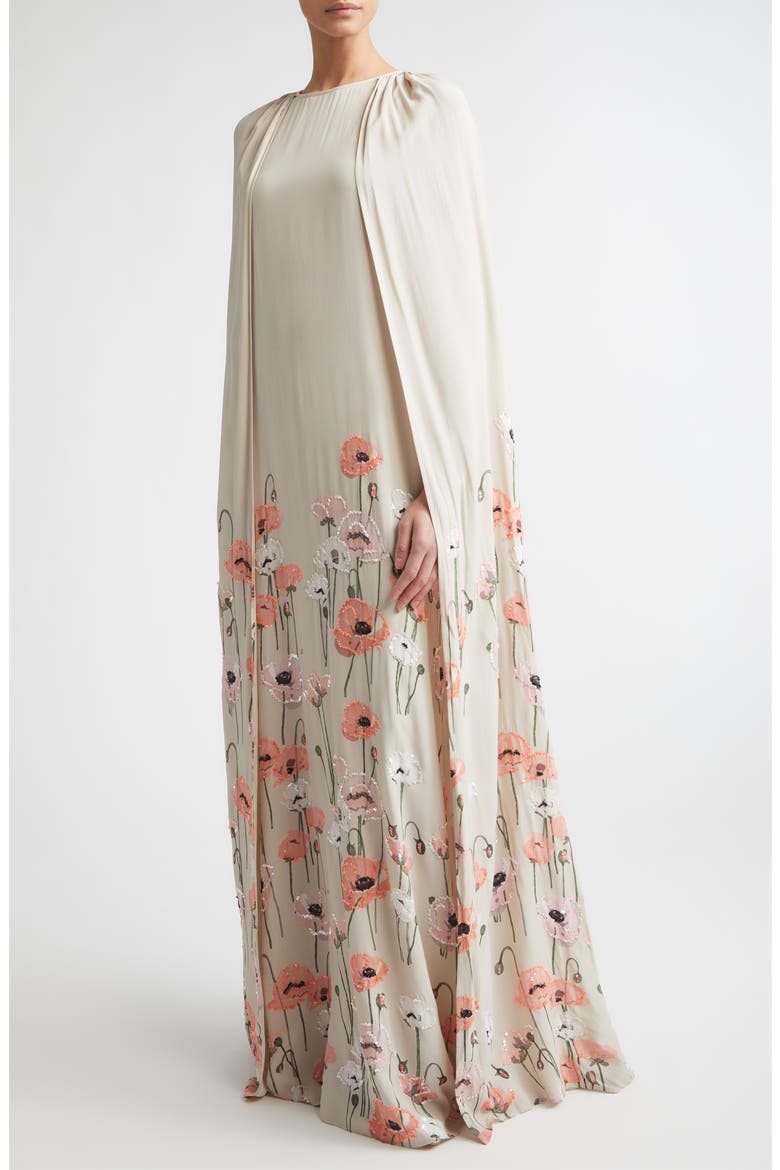 Minnie Embroidered Cape Gown, Alternate, color, PINK CORAL POPPIES