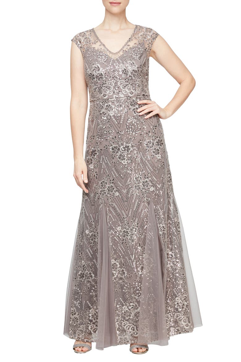Sequin Embroidered Evening Gown, Main, color, RICH TAUPE