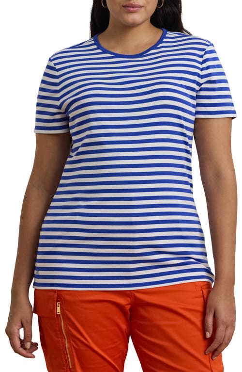 Shop Ralph Lauren Lauren Stripe Stretch Cotton Crewneck T-shirt In New Sapphire/white