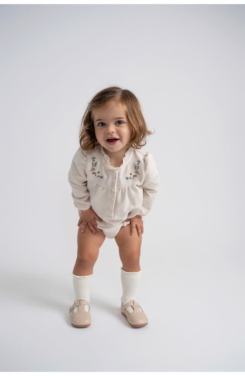 The Umbrella Academy Girl Velvet Floral Embroidered Ruffle Neck Romper, Alternate, color, Taupe