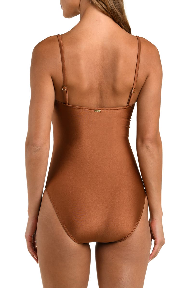 L
AGENCE Aubrey Ruched Shimmer One-Piece Swimsuit, Alternate, color, Bronze