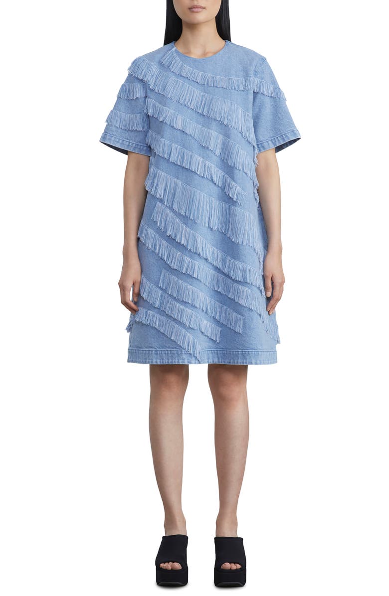 Lafayette 148 New York Asymmetric Fringe Trim Denim Shift Dress, Main, color, Stonewash Blue