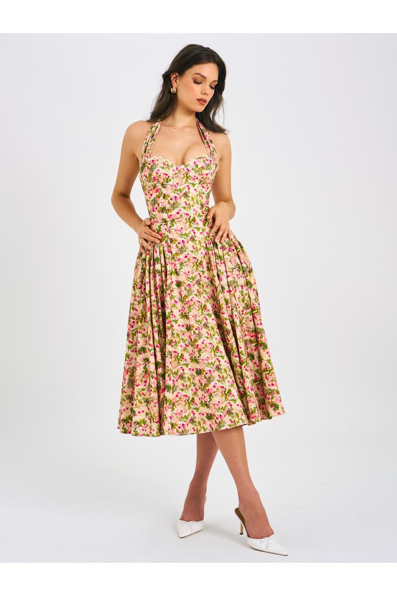 Niya Floral Print Linen Halter Corset Maxi Dress, Alternate, color, Floral print