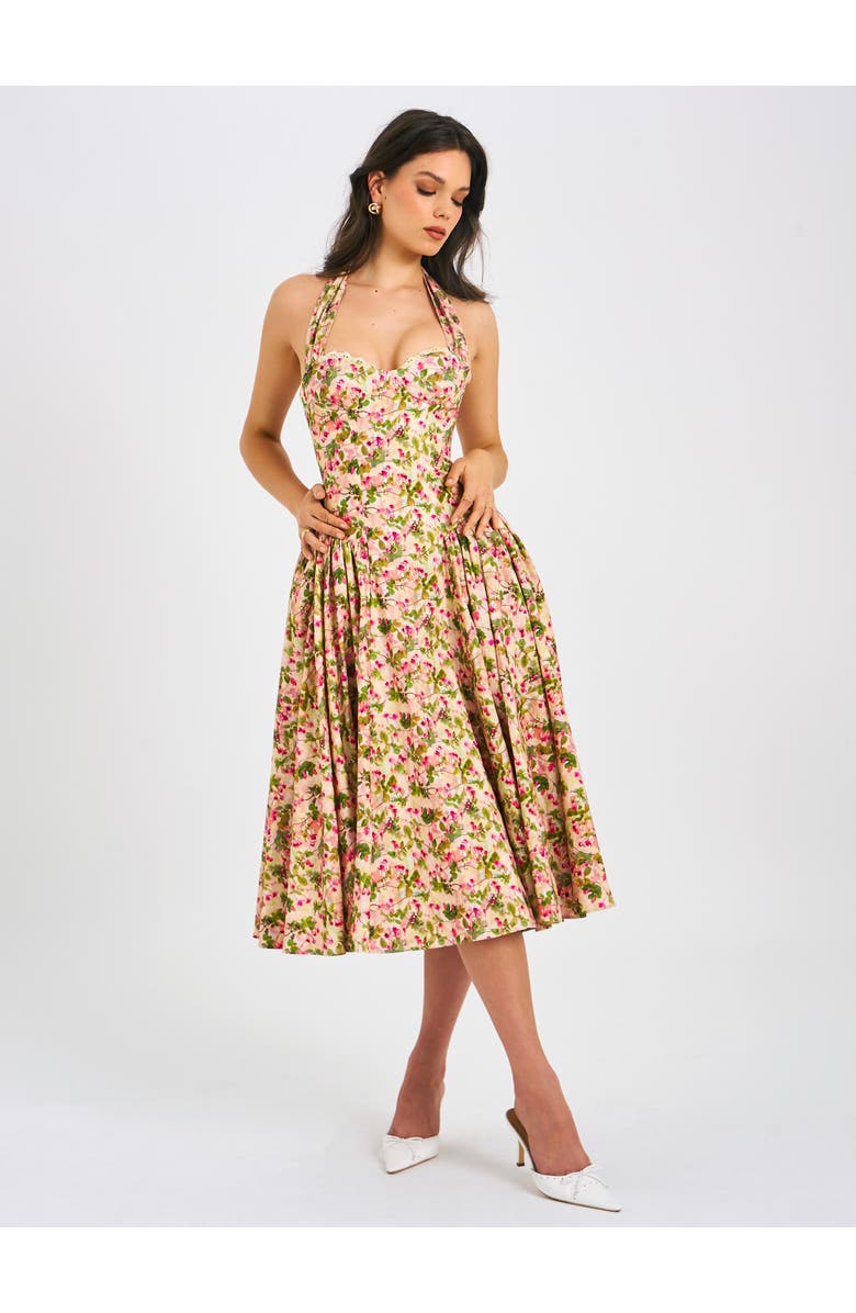 Miss Circle Niya Floral Print Linen Halter Corset Maxi Dress, Alternate, color, Floral Print