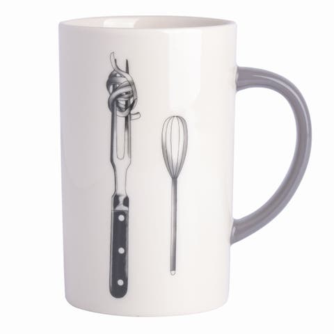 15 Ounce Tall Fine Ceramic Fork and Whisk Mug in White