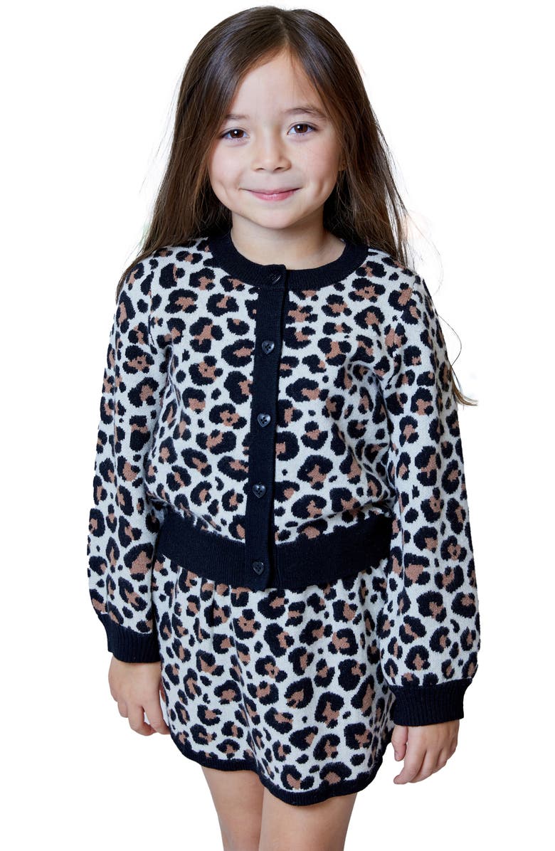 Design History Kids' Animal Print Cardigan & Skirt Set, Main, color, Black Combo