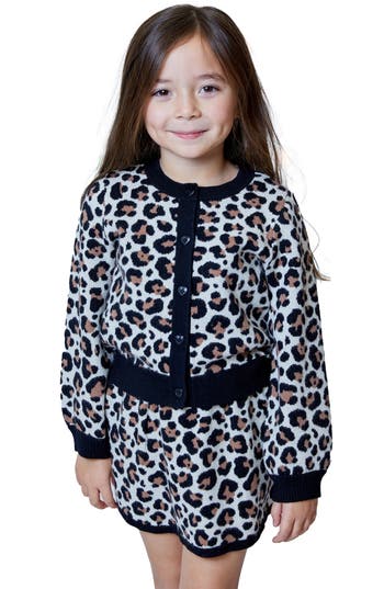 Design History Kids' Animal Print Cardigan & Skirt Set In Black