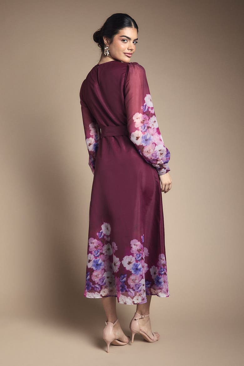 Organza Floral Print Belted Midi Dress, Alternate, color, Berry