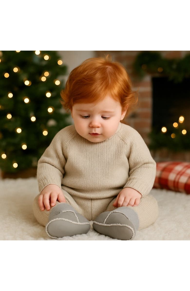 Finn + Emma Organic Shearling Baby Booties - Stay On, Alternate, color, Dove Grey