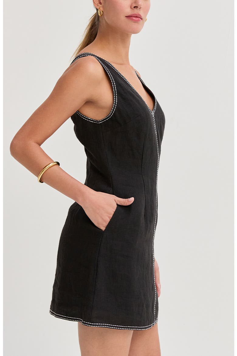 Contrast Stitch V-Neck Linen Mini Dress, Alternate, color, Black