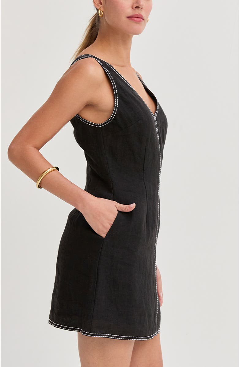 CRESCENT Contrast Stitch V-Neck Linen Mini Dress, Alternate, color, Black