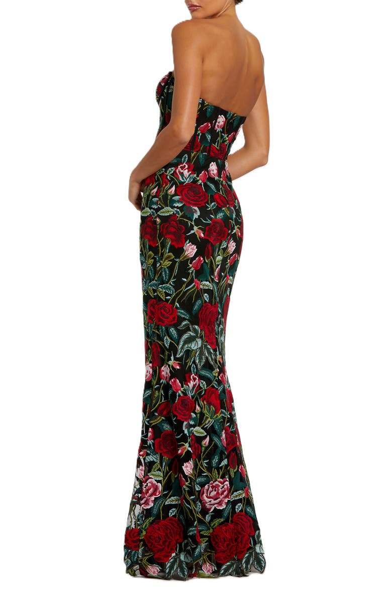 Mac Duggal Sheer Bustier Top Floral Applique Gown, Alternate, color, Black Multi