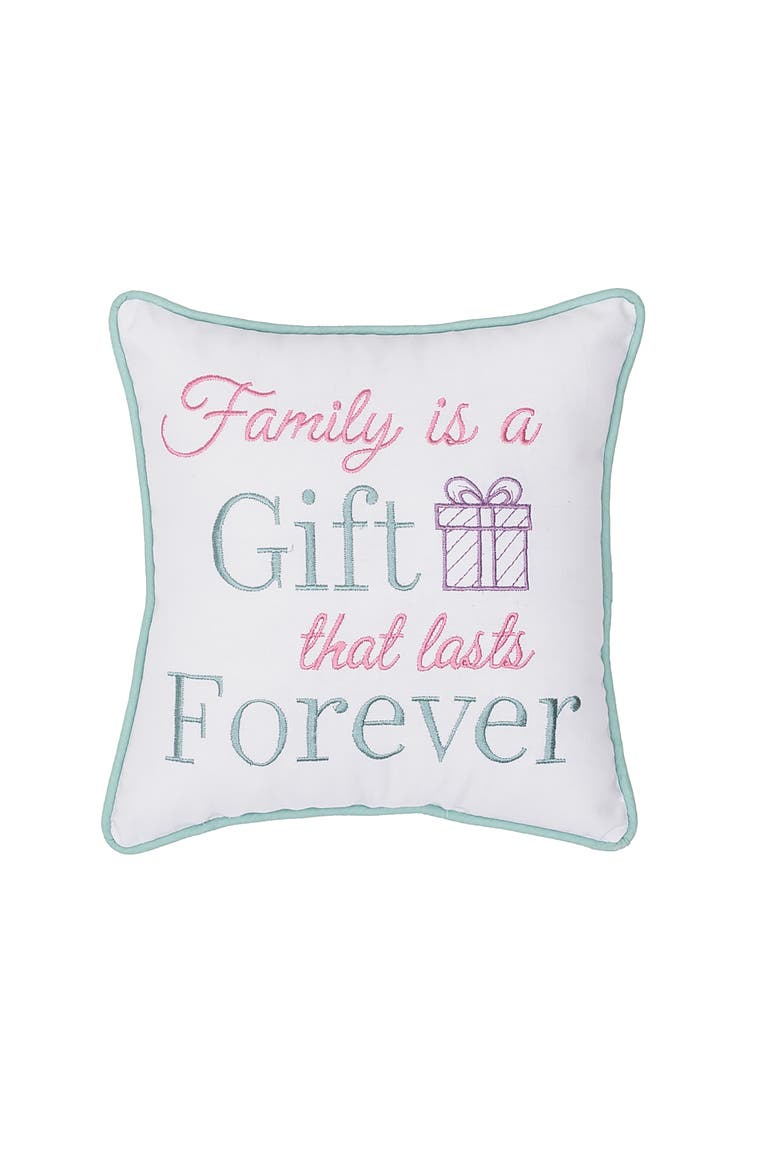 Family Is A Gift Embroidered Small/Petite Accent Pillow, 10" x 10", Main, color, Green