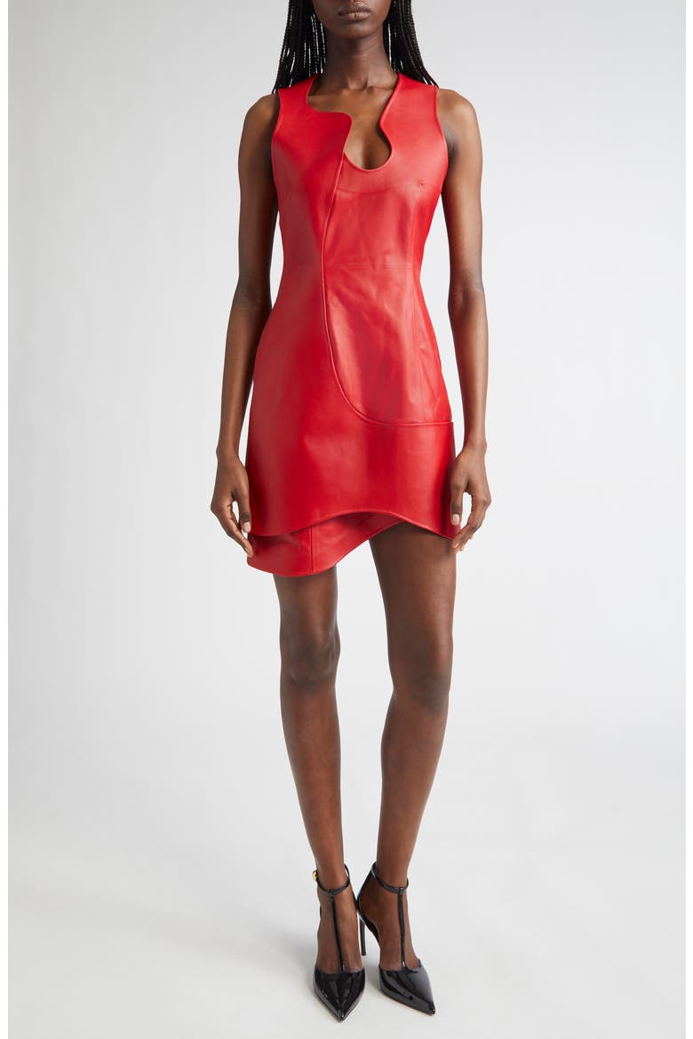 Asymmetric Leather Minidress, Main, color, NEW RED
