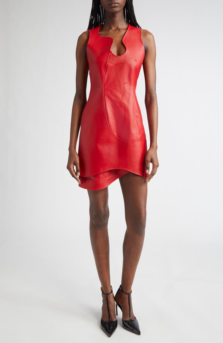 FERRAGAMO Asymmetric Leather Minidress, Main, color, New Red