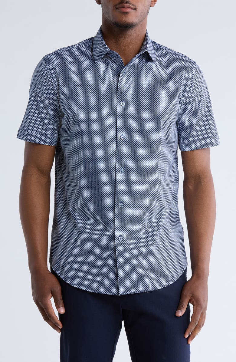 Bugatchi Geo Print Short Sleeve Stretch Cotton Button-Up Shirt, Main, color, 