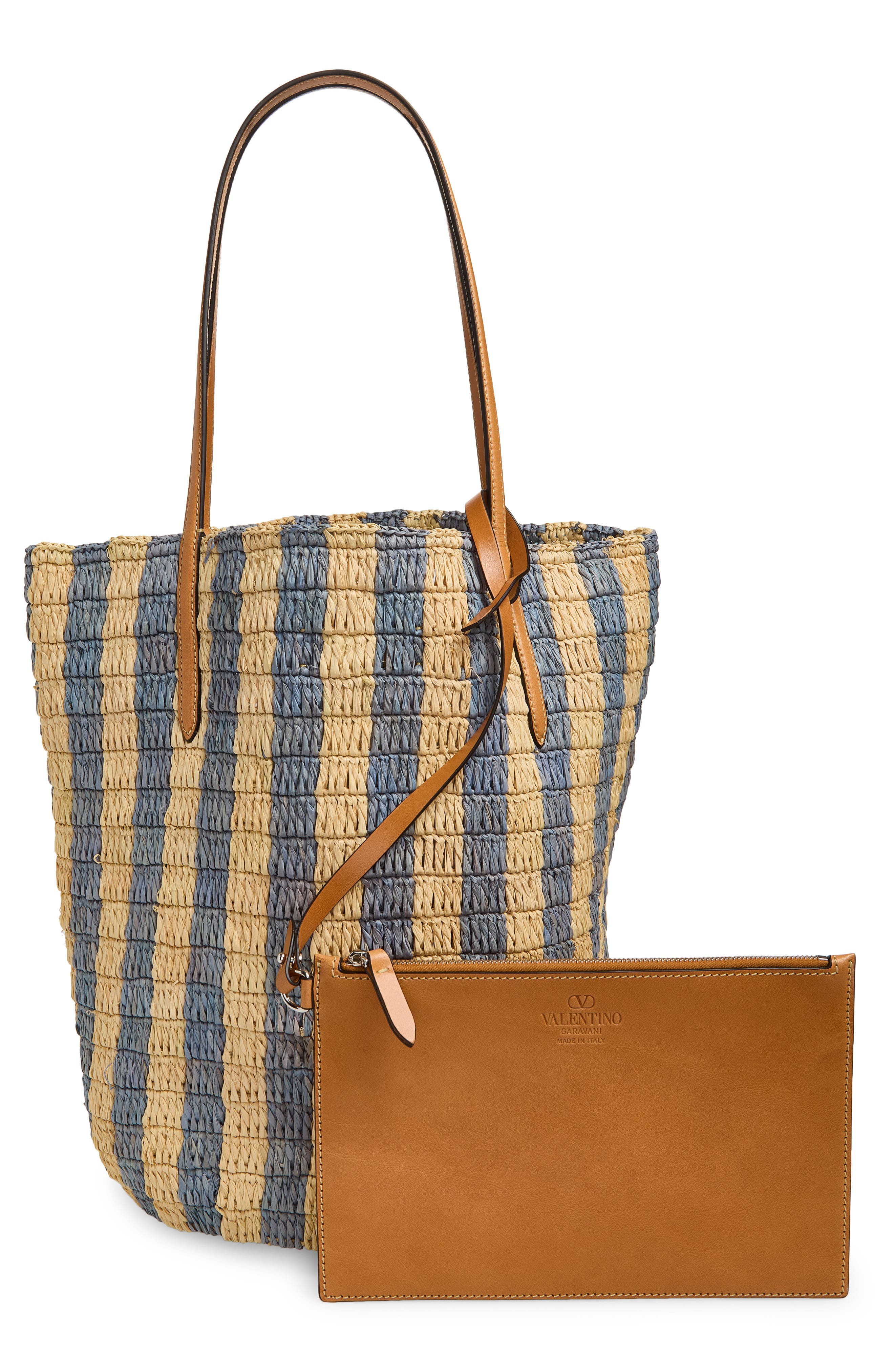 Valentino Garavani VLOGO Signature Crochet Raffia Tote, Alternate, color, Natural/ Blue
