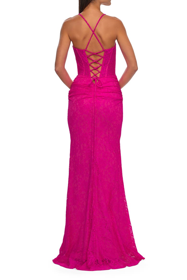 Stretch Lace Prom Dress with Scoop Neck and Lace Up Back, Alternate, color, Hot Fuchsia