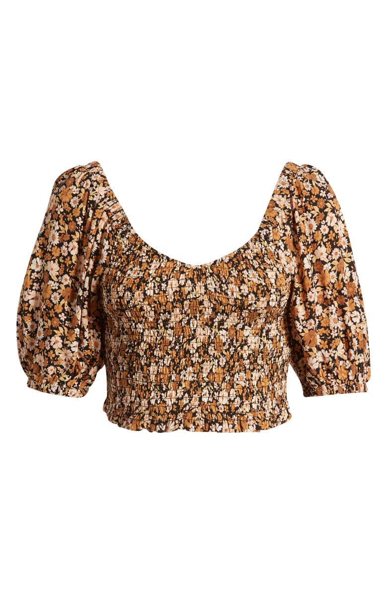 Rip Curl Sea of Dreams Floral Smocked Crop Top, Alternate, color, Brown
