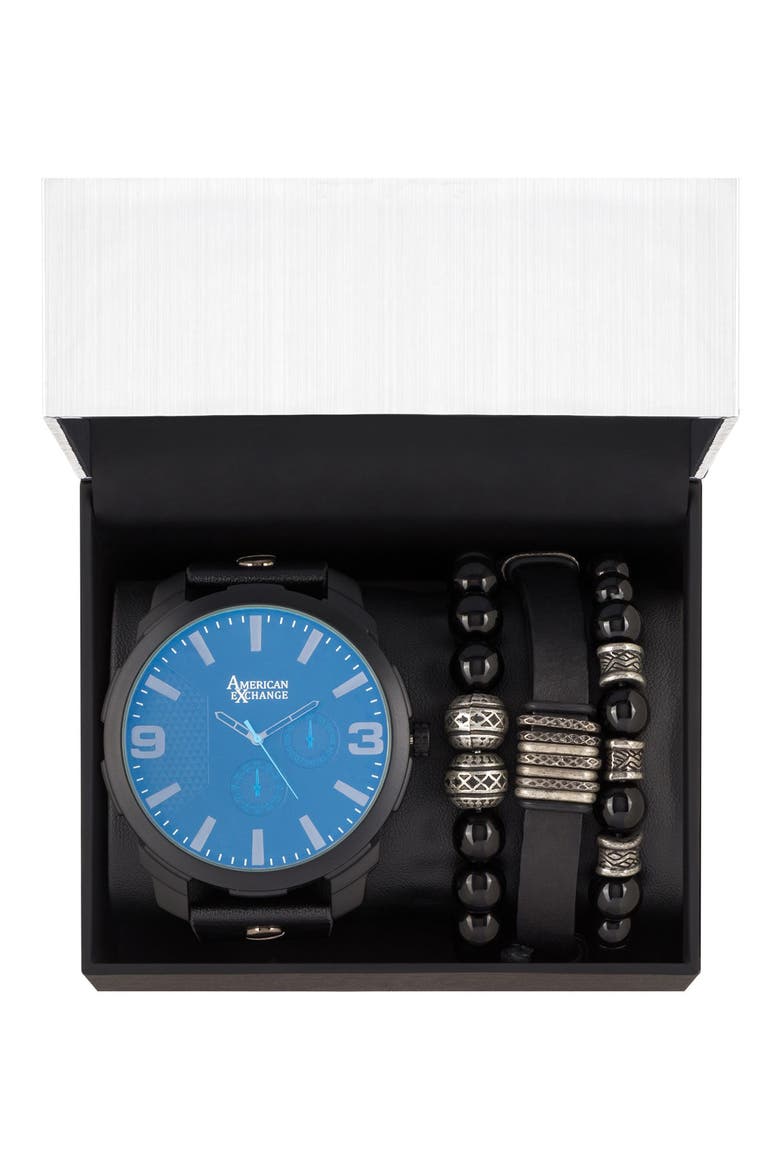 Leather Strap Watch & Bracelets Set, 55mm, Alternate, color, BLACK