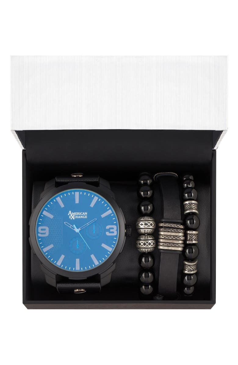 AMERICAN EXCHANGE Leather Strap Watch & Bracelets Set, 55mm, Alternate, color, Black
