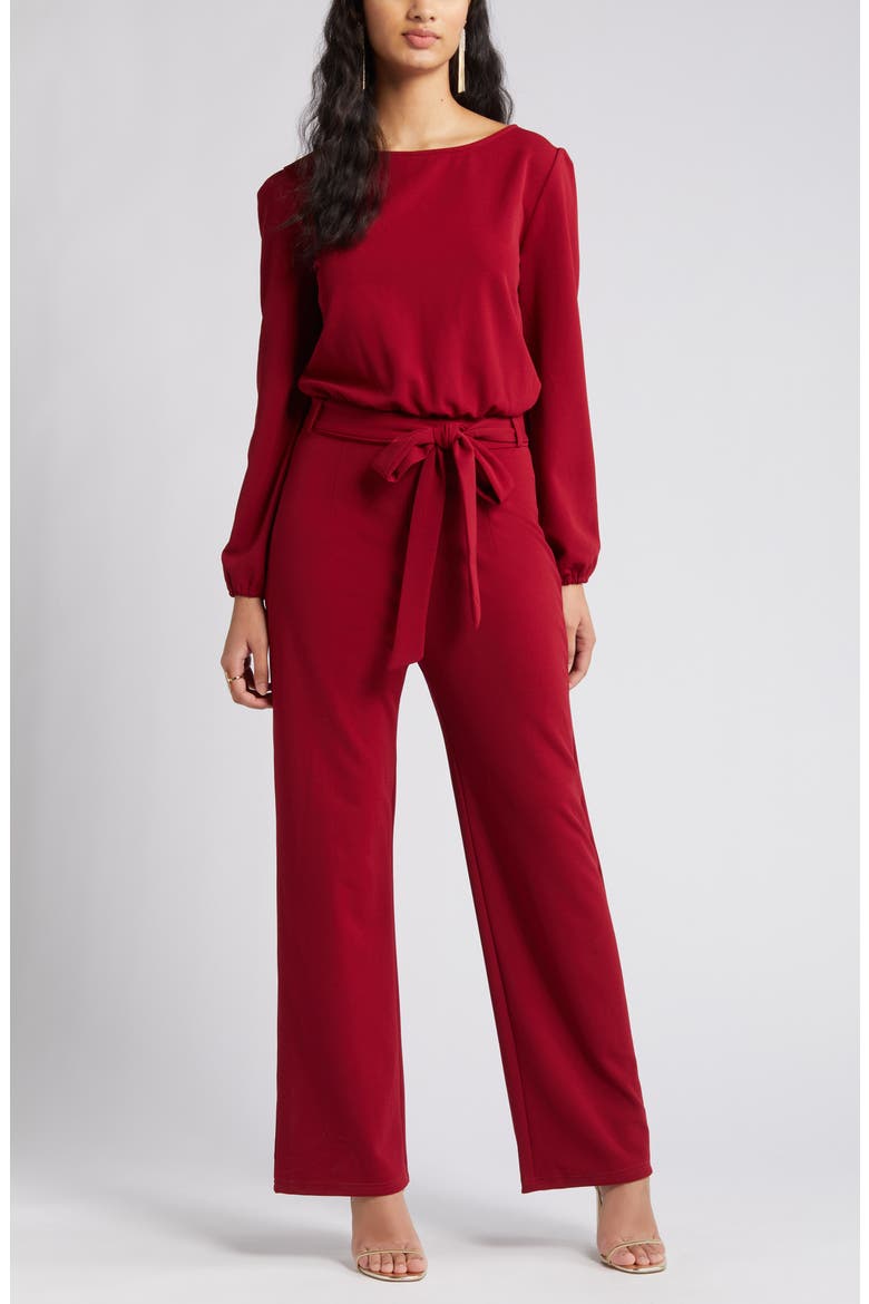 Joy Long Sleeve Tie Waist Jumpsuit, Alternate, color, BURGUNDY