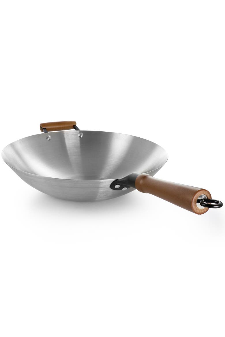 Sangerfield 14in Stainless Steel Flat Bottom Wok with Wooden Handles, Alternate, color, Metallic Silver