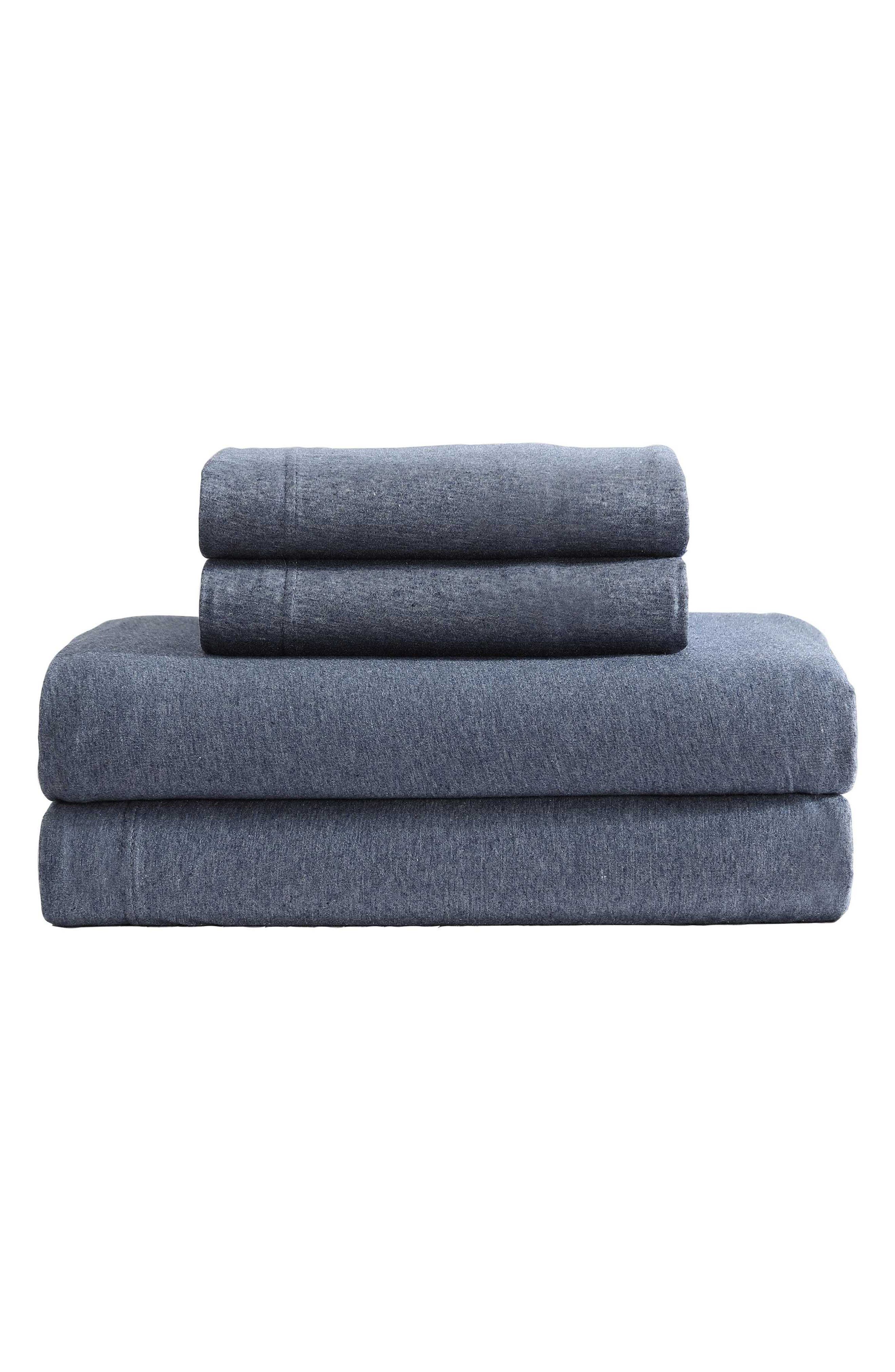 Calvin Klein Home Modern 300 Thread Count Mélange Cotton Blend Jersey Queen Sheet Set in Dark Blue 
