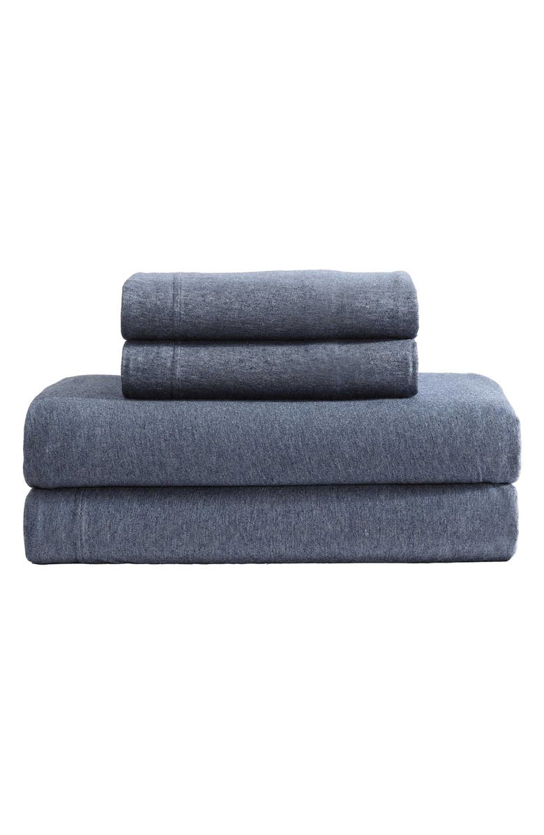 Calvin Klein Home Modern 300 Thread Count Mélange Cotton Blend Jersey Queen Sheet Set, Main, color, Dark Blue