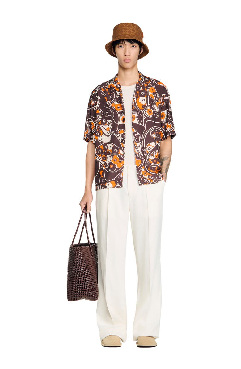 SANDRO Loose-fit print shark collar shirt, Alternate, color, Black Brown