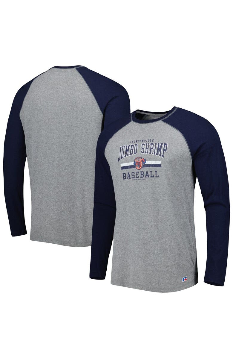 BOXERCRAFT Men's Navy/Heathered Gray Jacksonville Jumbo Shrimp Long Sleeve Baseball T-Shirt, Main, color, 