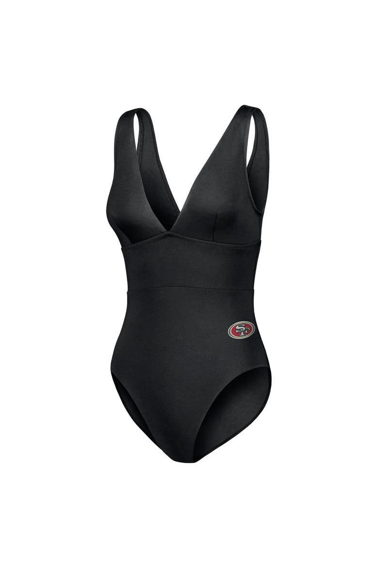 Women's Tommy Bahama Black San Francisco 49ers Palm Modern V-Neck One-Piece Swimsuit, Alternate, color, Black