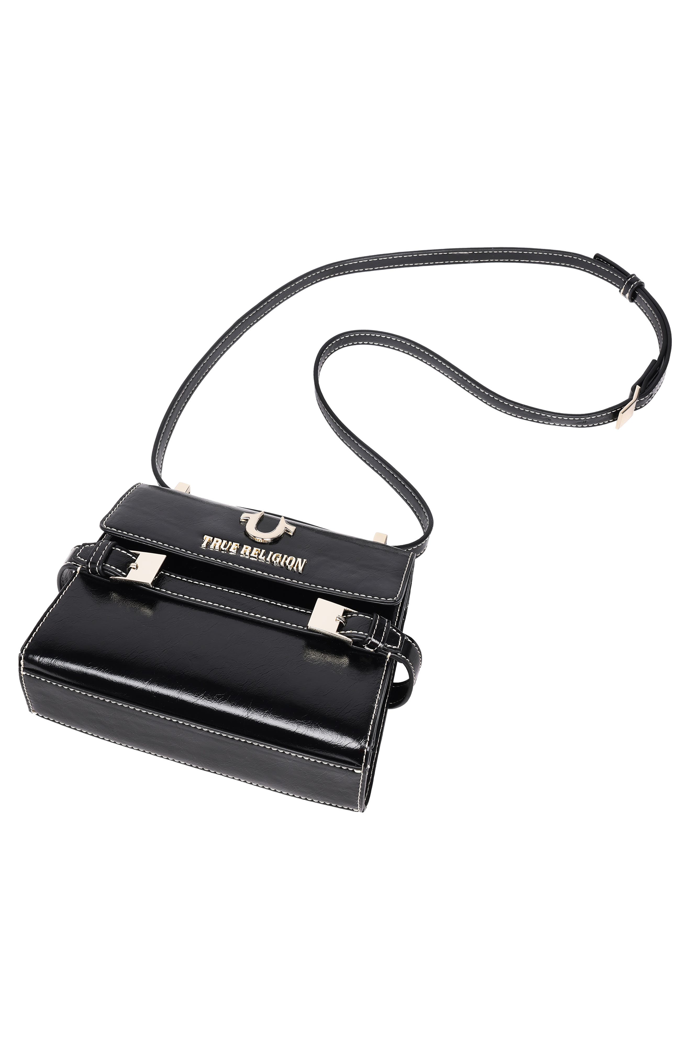 True Religion Buckle Tab Flap Crossbody Bag, Alternate, color, Black