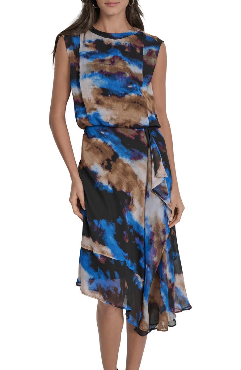 DKNY Sleeveless Asymmetric Midi Dress, Alternate, color, Clouded Indigo