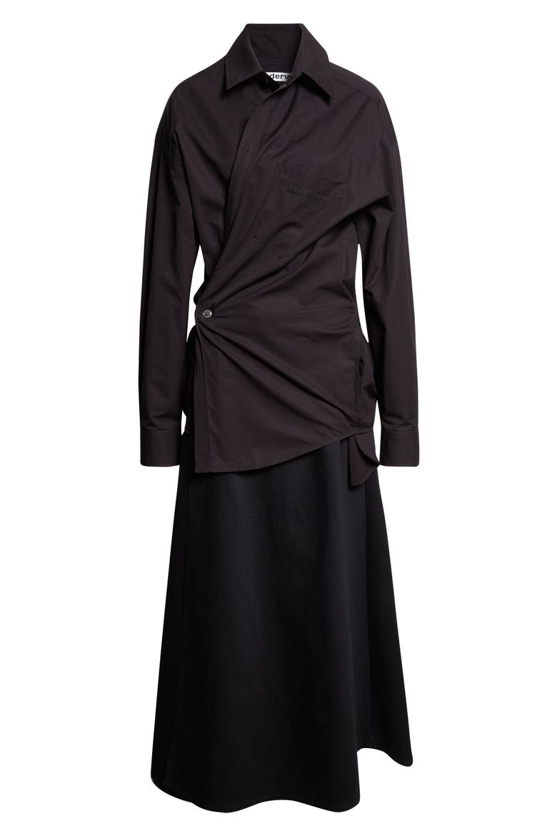 Long Sleeve Poplin & Denim Wrap Dress, Alternate, color, BLACK