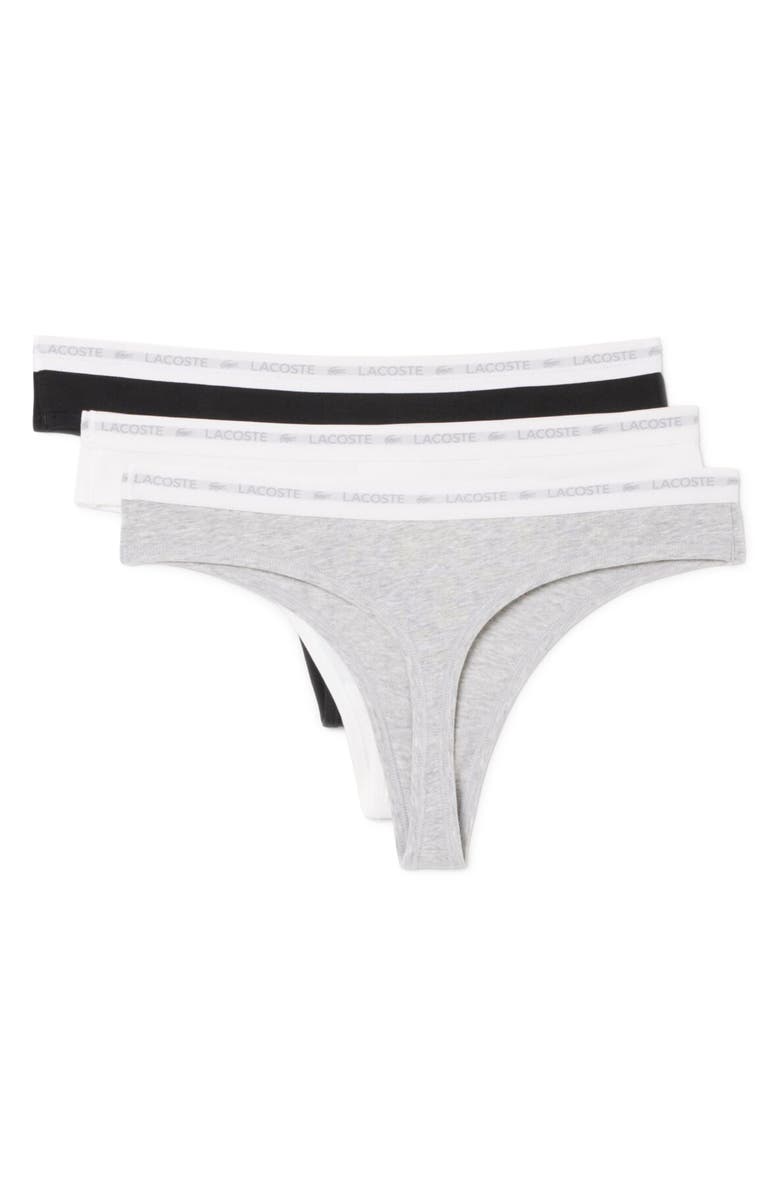 Lacoste 3-Pack Stretch Cotton Thongs, Alternate, color, Black/ White/ Silver Chine