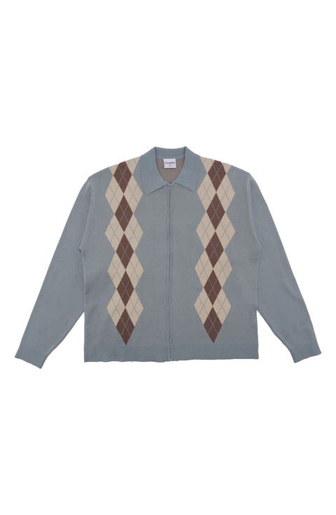 Argyle Jacquard Cotton Zip-Up Cardigan