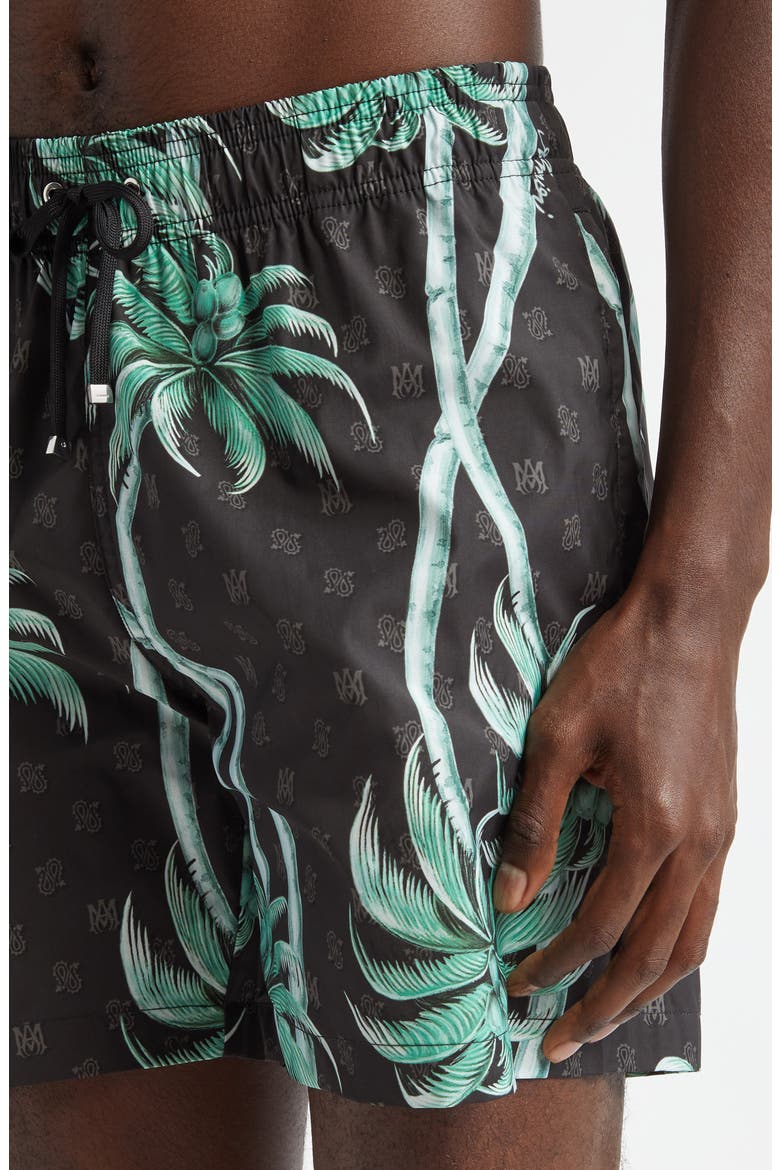 Twisted Palms Print Swim Trunks, Alternate, color, BLACK
