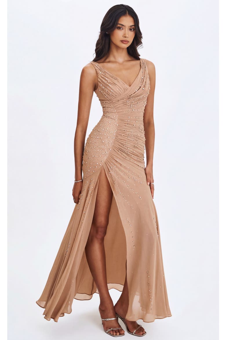 Viveca Crystal-Embellished Asymmetrical Ruched Maxi Dress, Main, color, Apricot