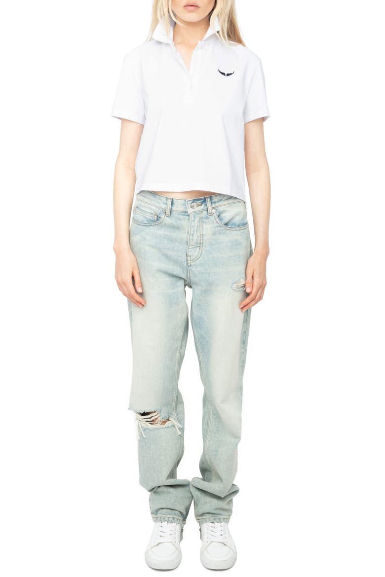 Mirta Wings Crop Cotton Polo Shirt, Alternate, color, WHITE